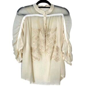 Sachin + Babi 100% silk applique  ivory/cream ruched sleeves tunic top